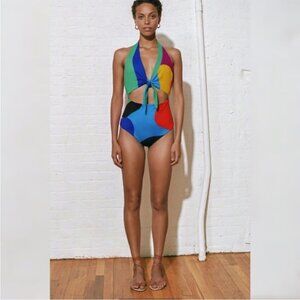 Mara Hoffman Wisteria Maddy Colorblock One Piece Halter Plunge Swimsuit XXL